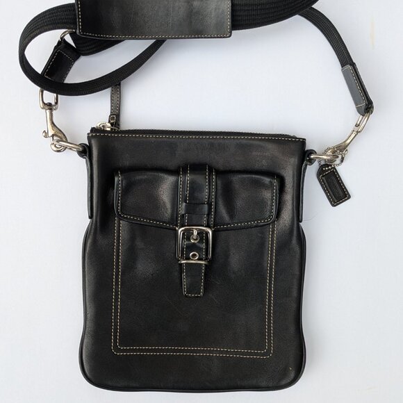 Vintage Coach Black Leather Hamilton Crossbody Bag with Buckle Front Pocket - Picture 1 of 7